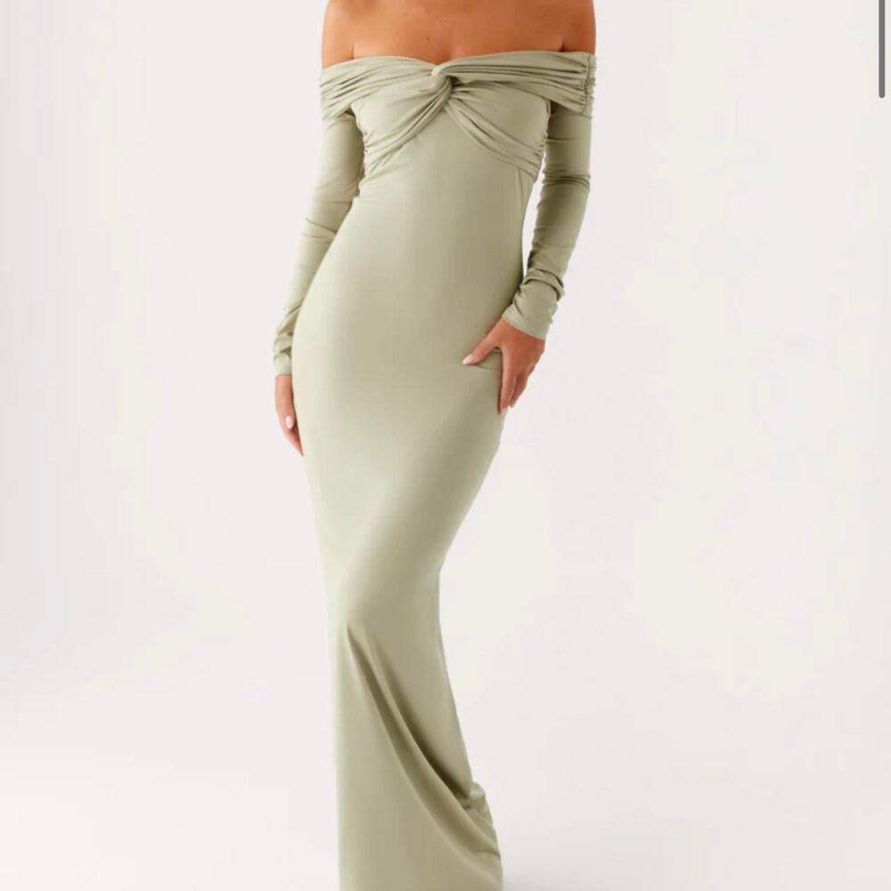 Peppermayo Sage green off the shoulder maxi dress